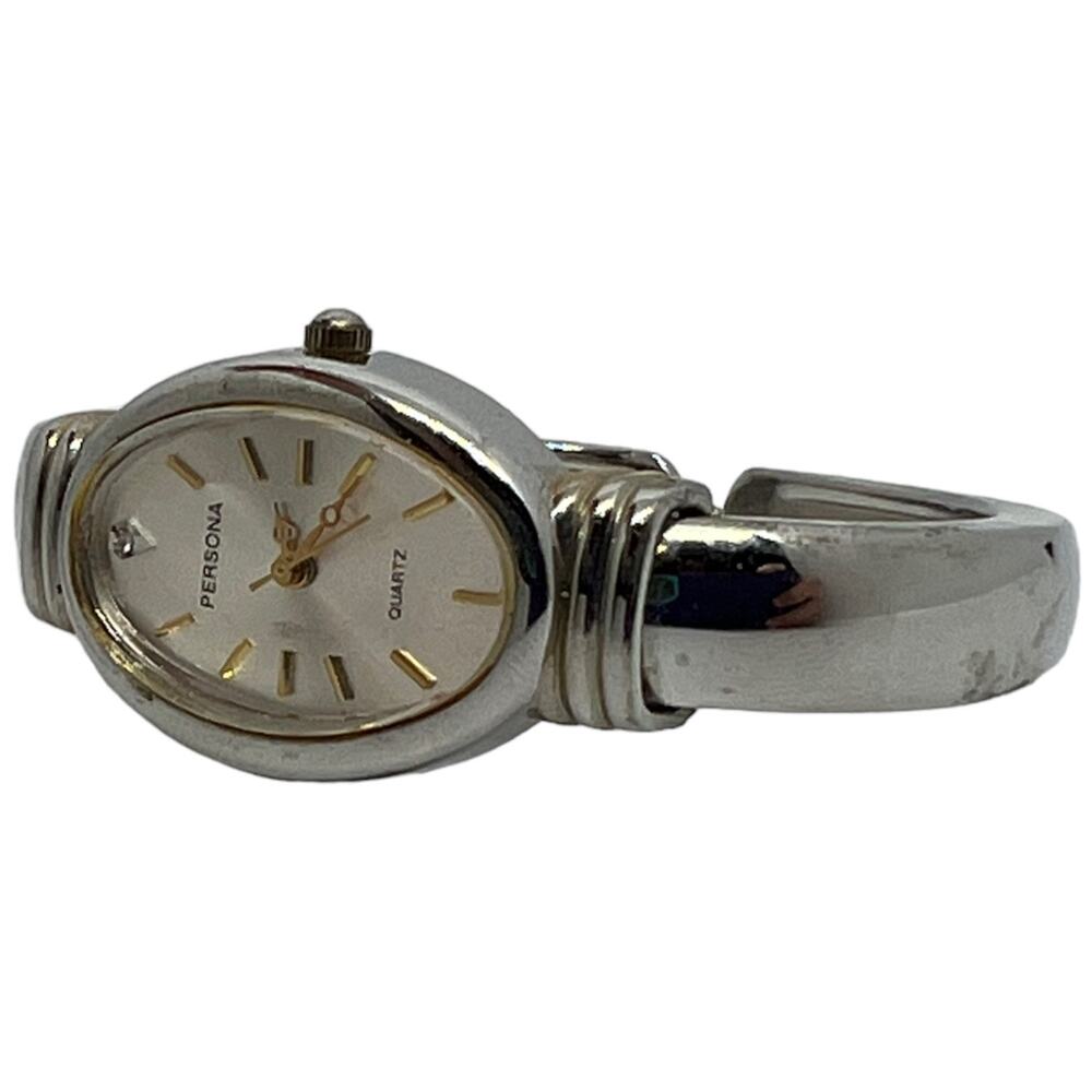Persona Oval Silver Tone Bangle Watch Classic Gold Accents Quartz Movement